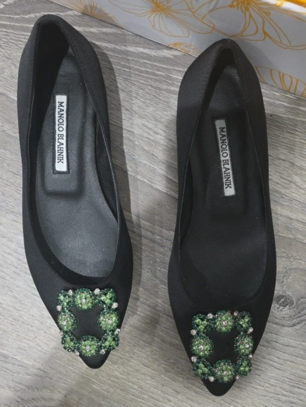 Manolo Blahnik Black Pointed Toe Flats with Green Crystal Buckle